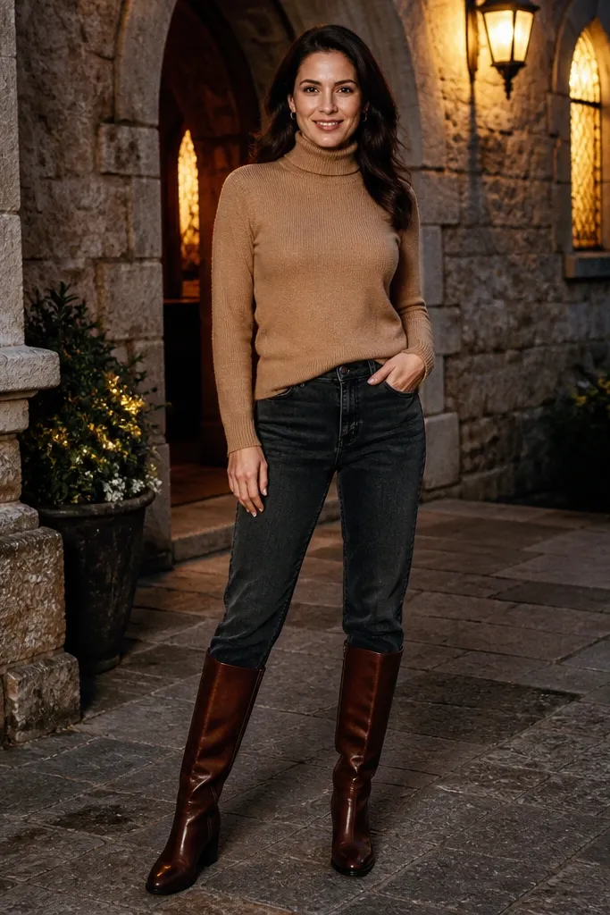 Charcoal straight-leg jeans with a camel turtleneck and brown knee boots
