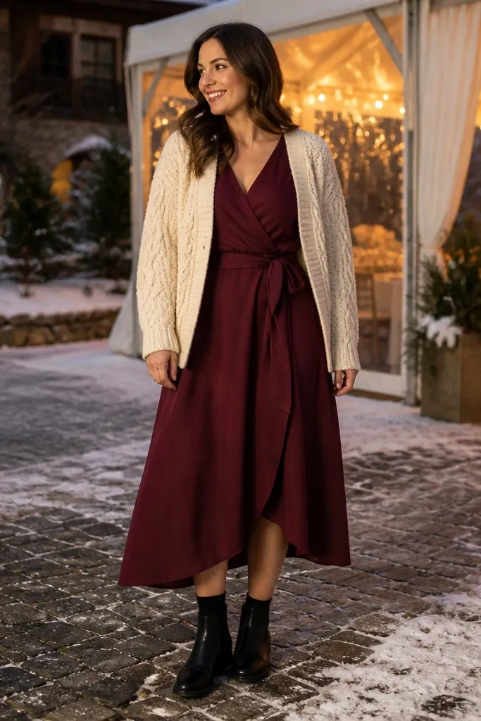 Burgundy wrap midi dress with a cream cardigan and black Chelsea boots