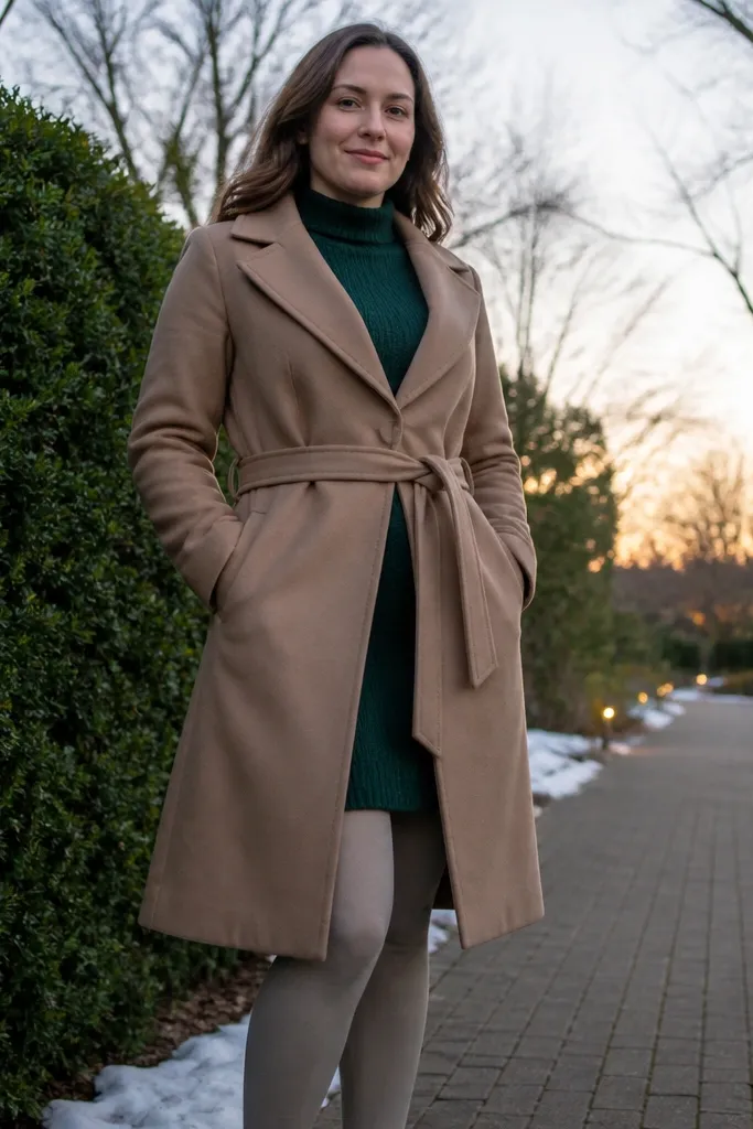 Forest green sweater dress with oat tights and a tan belted coat