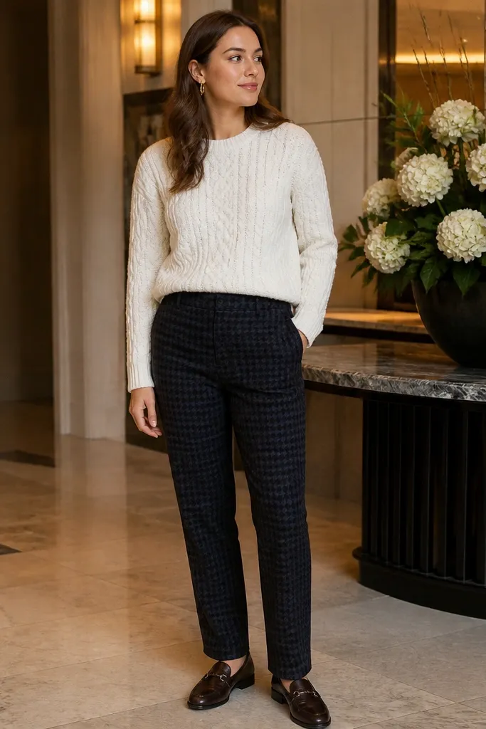 Navy houndstooth trousers with a white cable sweater and dark brown loafers