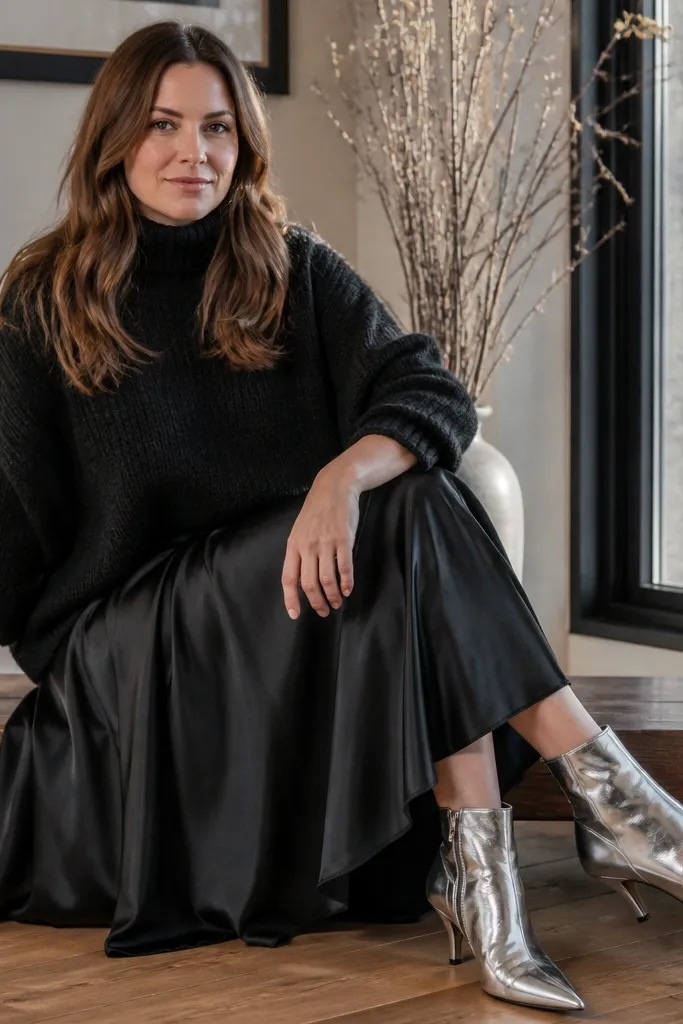 Black satin-look skirt with a thick knit top and silver booties