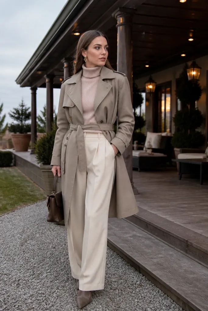 Cream pleated trousers with a blush turtleneck and a taupe trench coat