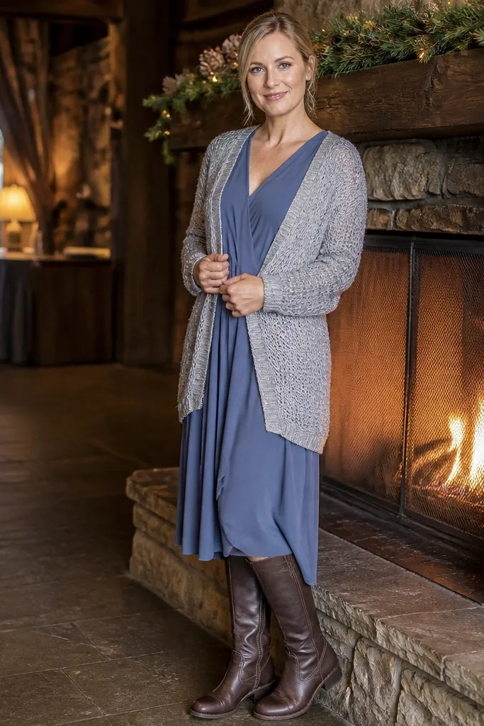 Dusty blue midi dress with a silver knit cardigan and dark brown riding boots