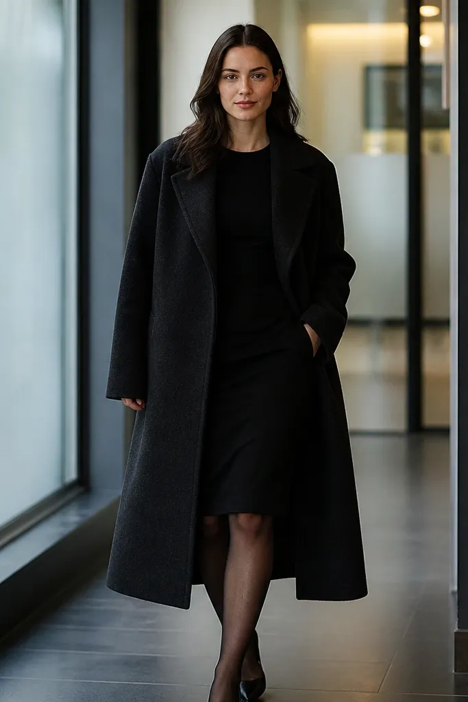 Black midi dress with opaque tights and a long wool coat