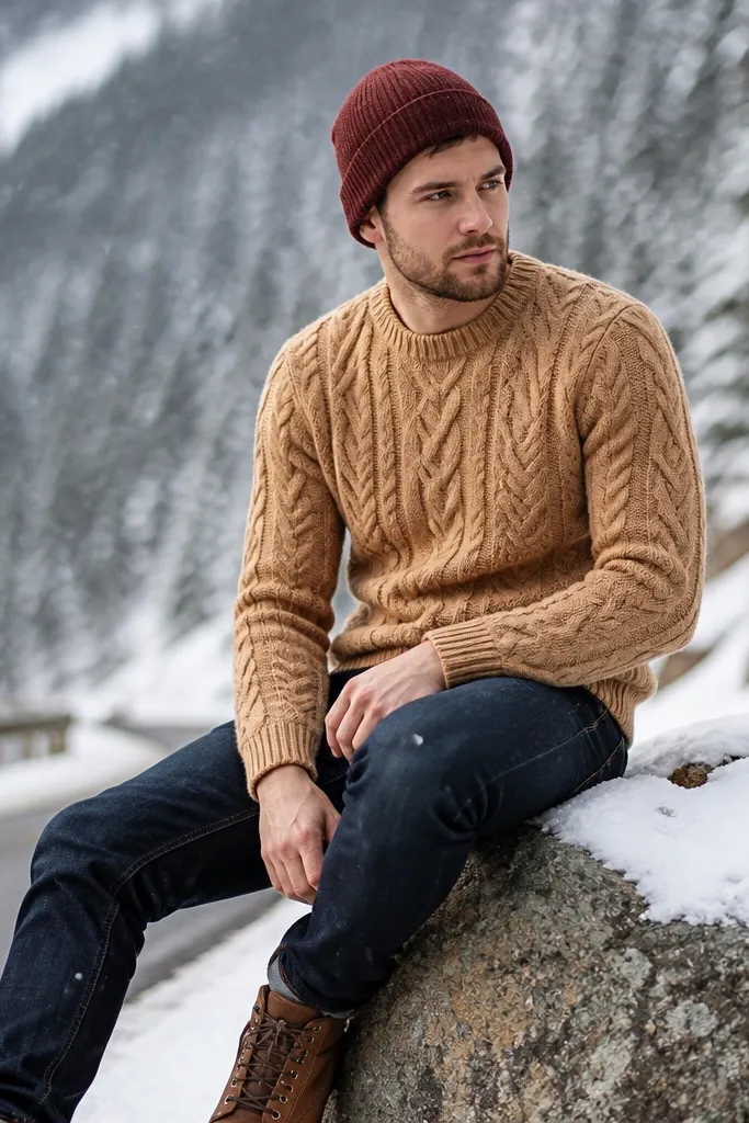 Tan cable-knit sweater with dark denim jeans, burgundy beanie, and brown boots