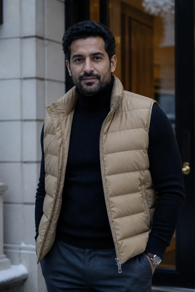 Charcoal trousers with a black turtleneck and a camel puffer vest