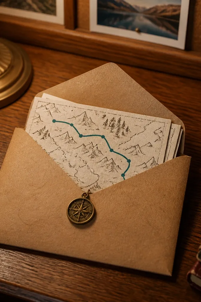Kraft envelope with a folded mini map and black label address strip