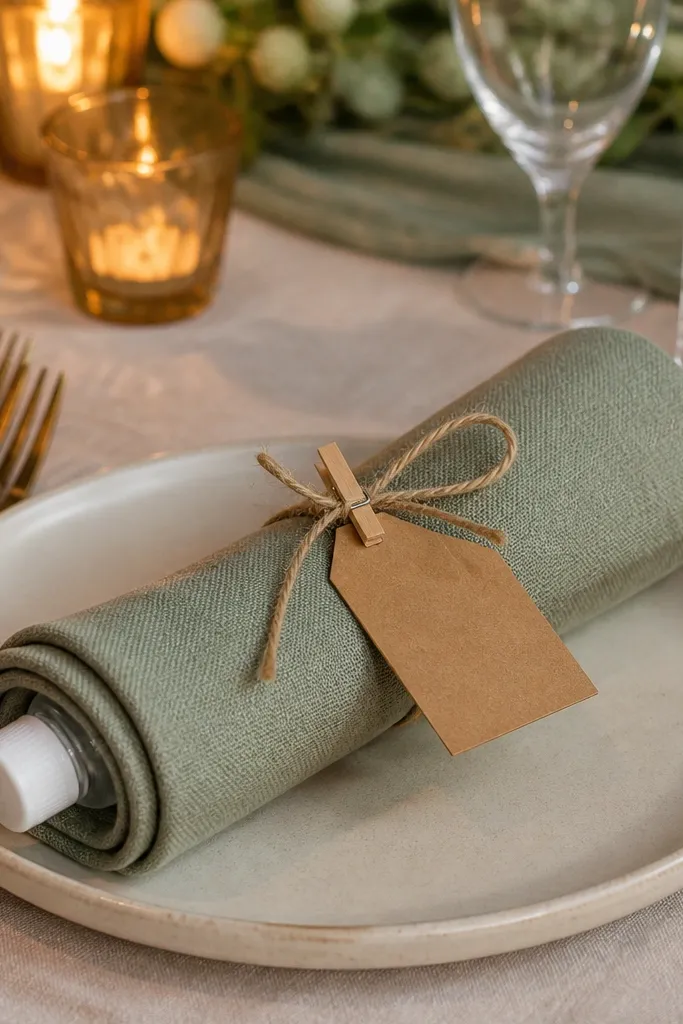 Rolled sage cloth napkin tied with twine and a small tag on a table