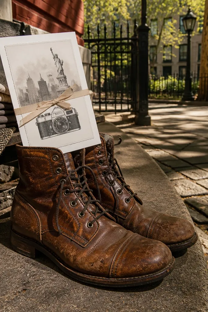 Brown boots next to a small card invitation on a sidewalk step