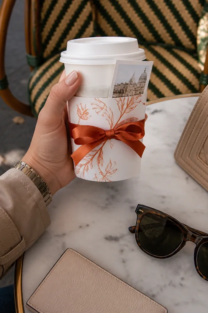 Brown coffee cup with a printed sleeve wrap and twine bow