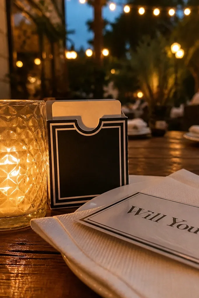 Small candle beside a matchbook and a handwritten proposal card