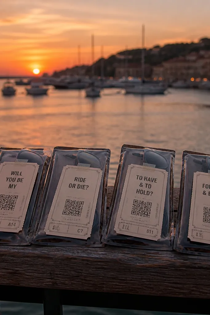 Printed ticket stub with sunset text taped to a phone case on a bench