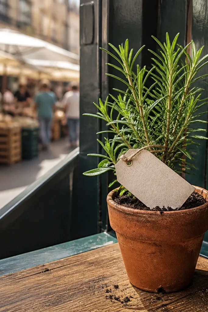 Small herb plant in a pot with a tag tied near the soil