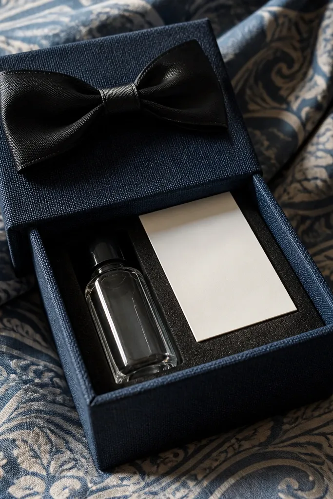 Small box wrapped in dark denim with a black bow tie and a card on top