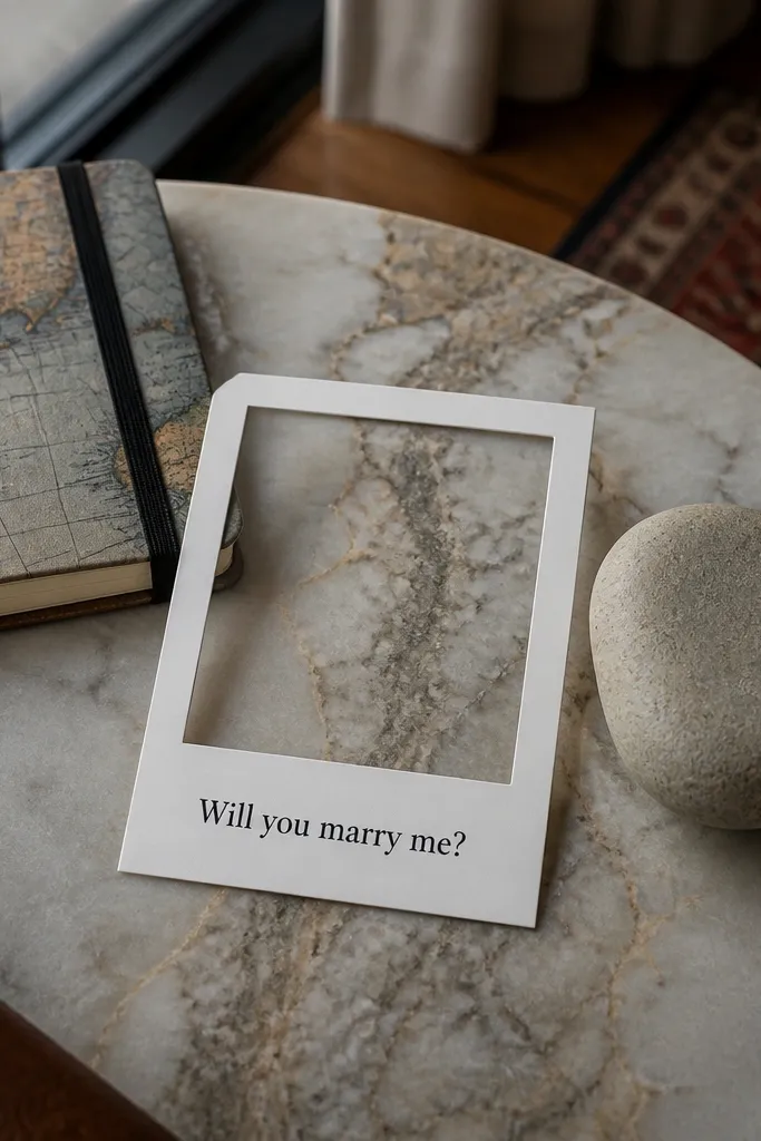 Polaroid-style frame with a blank window and a handwritten proposal card