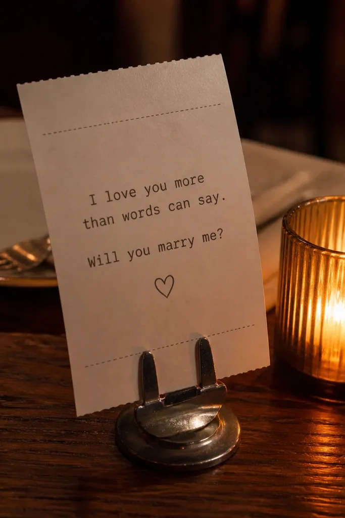 Folded receipt-style card in a small holder next to a plate and candle
