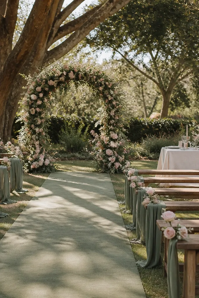 Dusty sage greenery with blush rose flowers and oat milk colored table runner