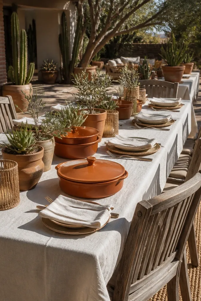 Terracotta table decor with natural jute runners and cream candles