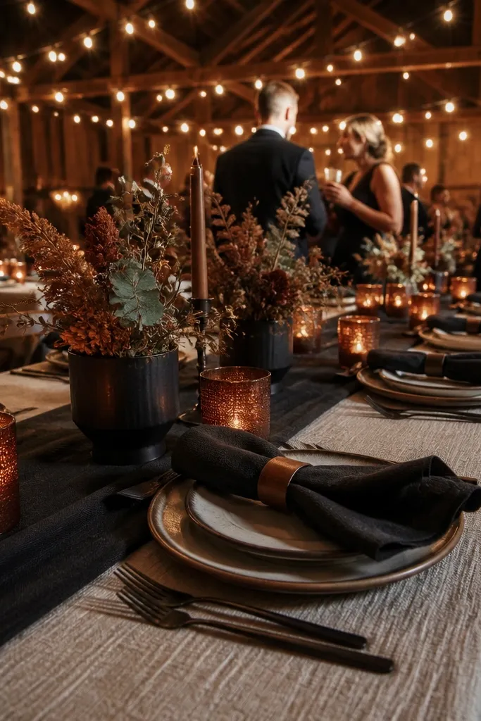 Warm ivory linens with rust flowers and charcoal black candle holders