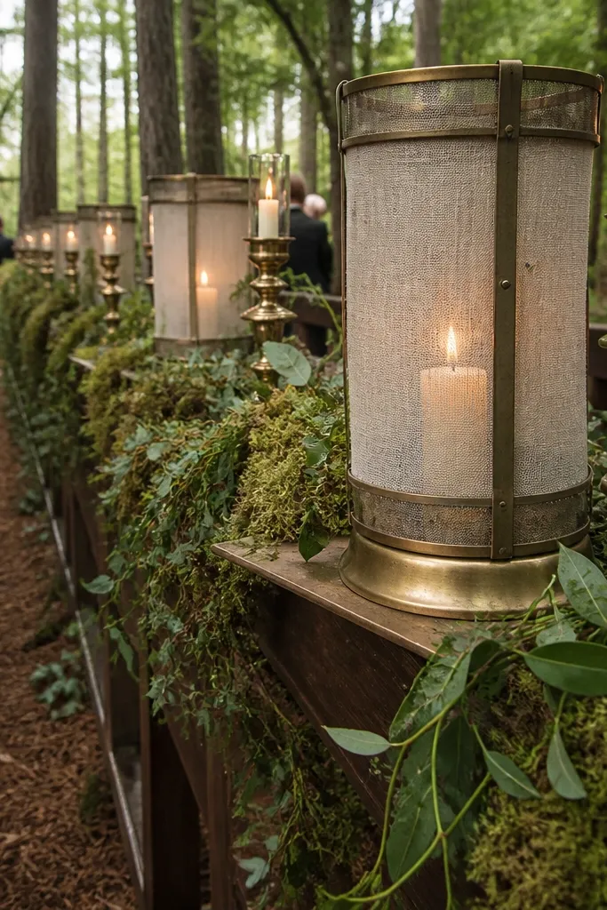 Moss green greenery with oatmeal napkins and antique brass candlesticks