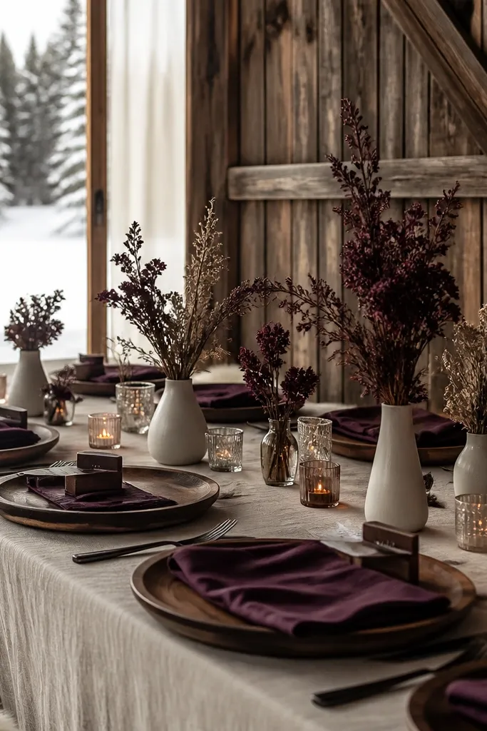 Cream linens with dusty plum florals and walnut wood signage