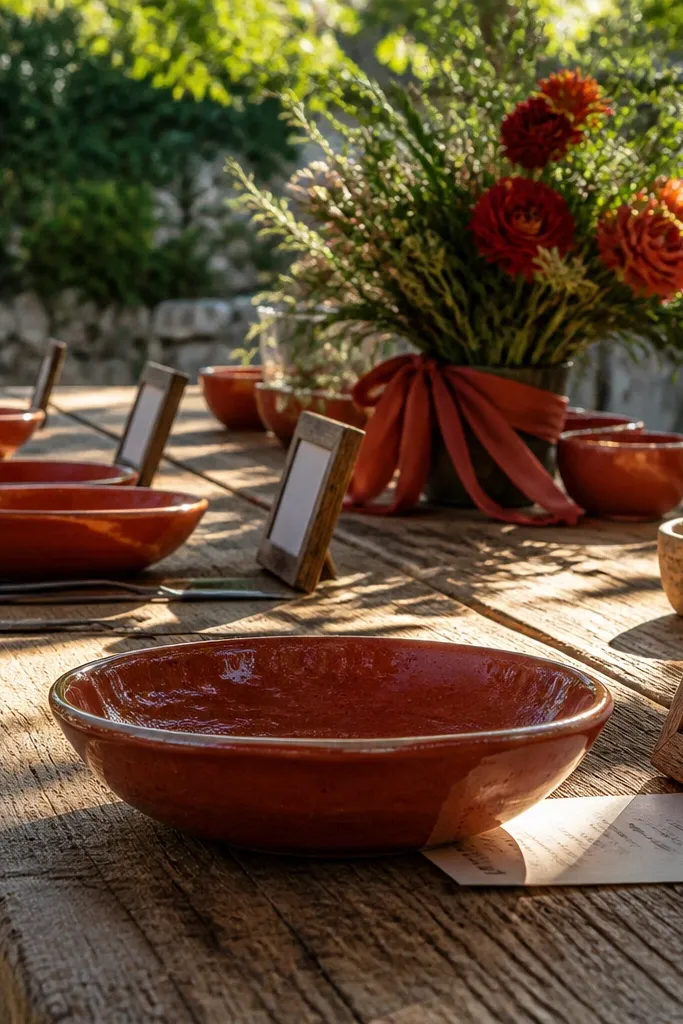 Red clay terracotta flowers with cream napkins and weathered wood signage
