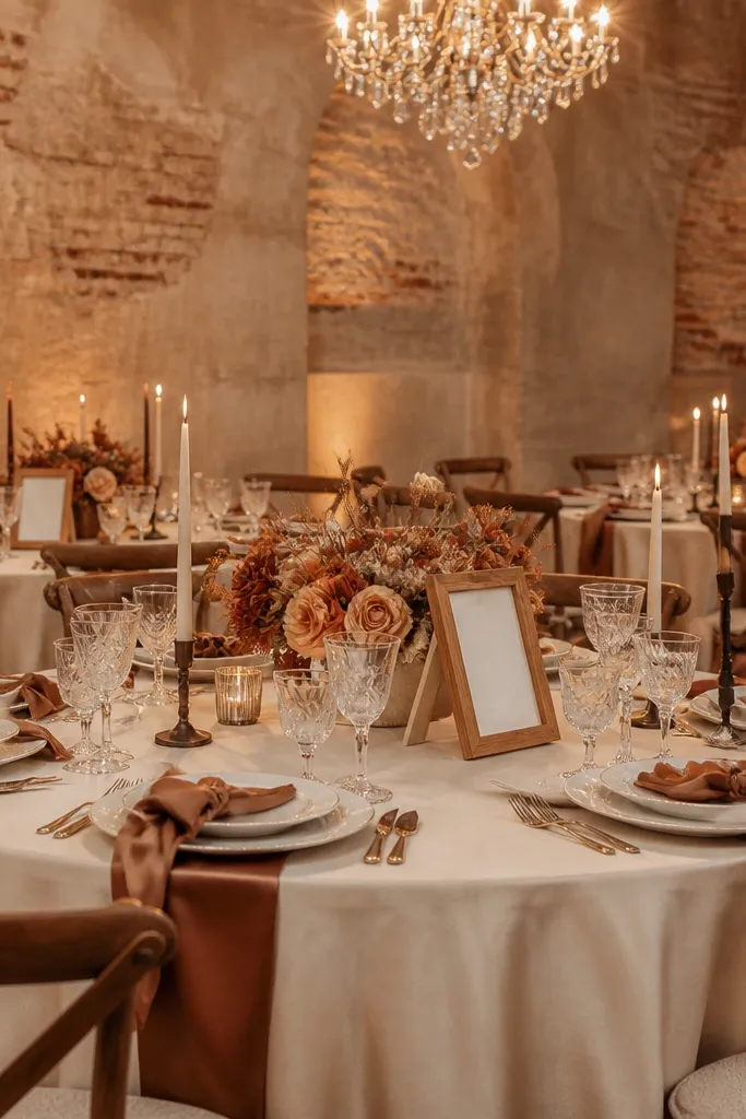 Cream linens with chai brown candle holders and terracotta rose florals