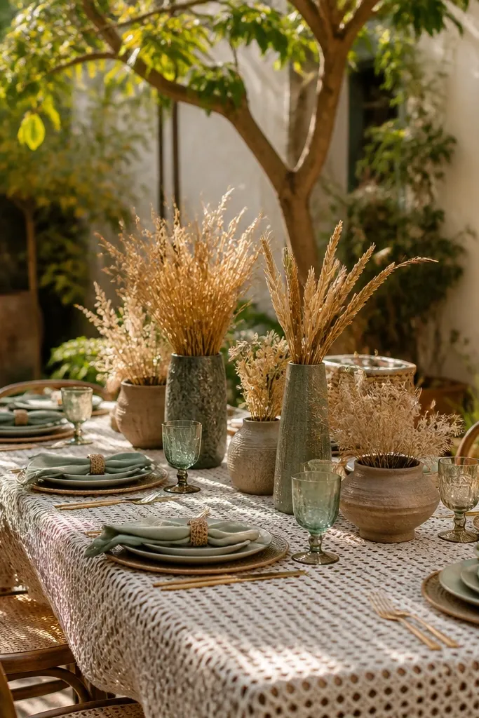 Sage greenery with wheat-gold accents and ivory crochet table runners
