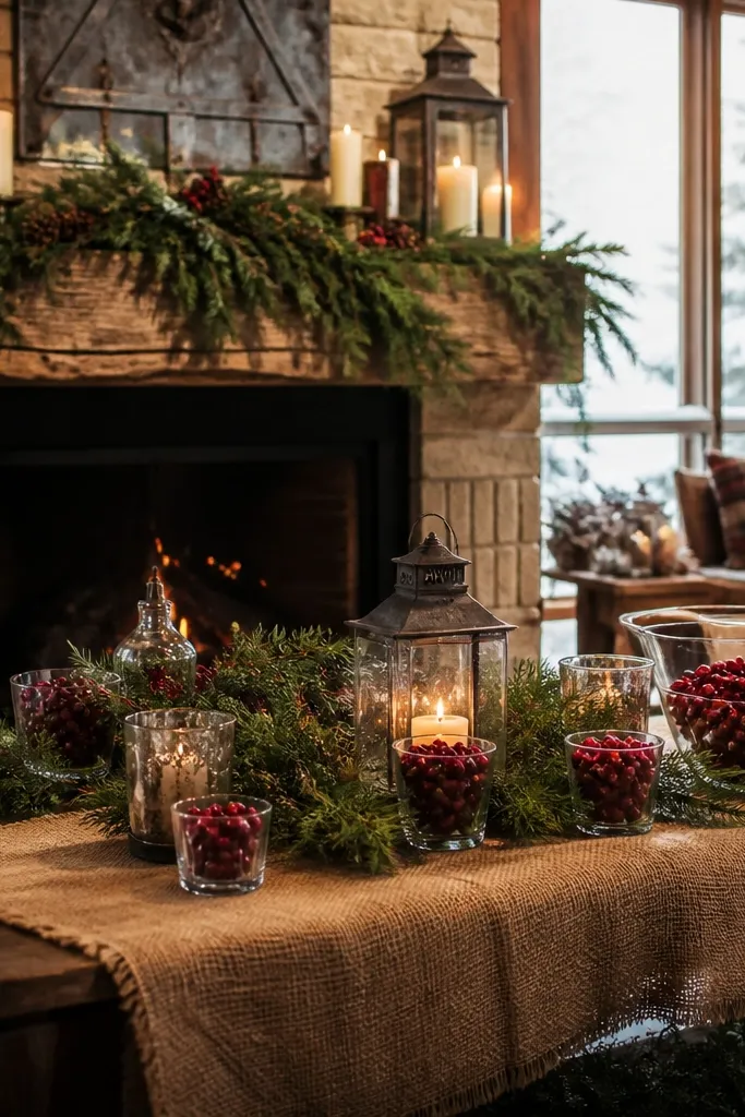 Evergreen garlands with cranberry accents and creamy burlap table runners