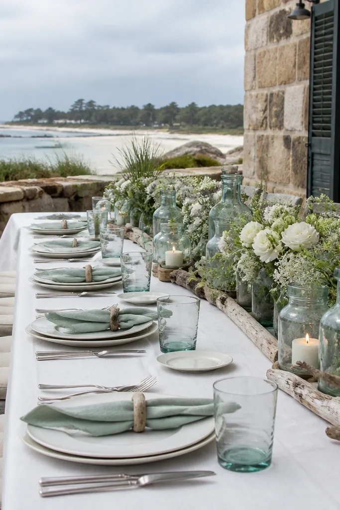 Oyster white decor with driftwood gray accents and sea glass green small florals