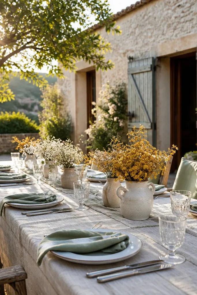 Pale sage greenery with honey yellow florals on cream canvas table decor