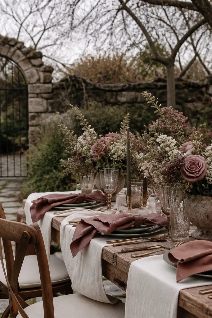 Antique rose florals with olive drab greenery and cream table linens
