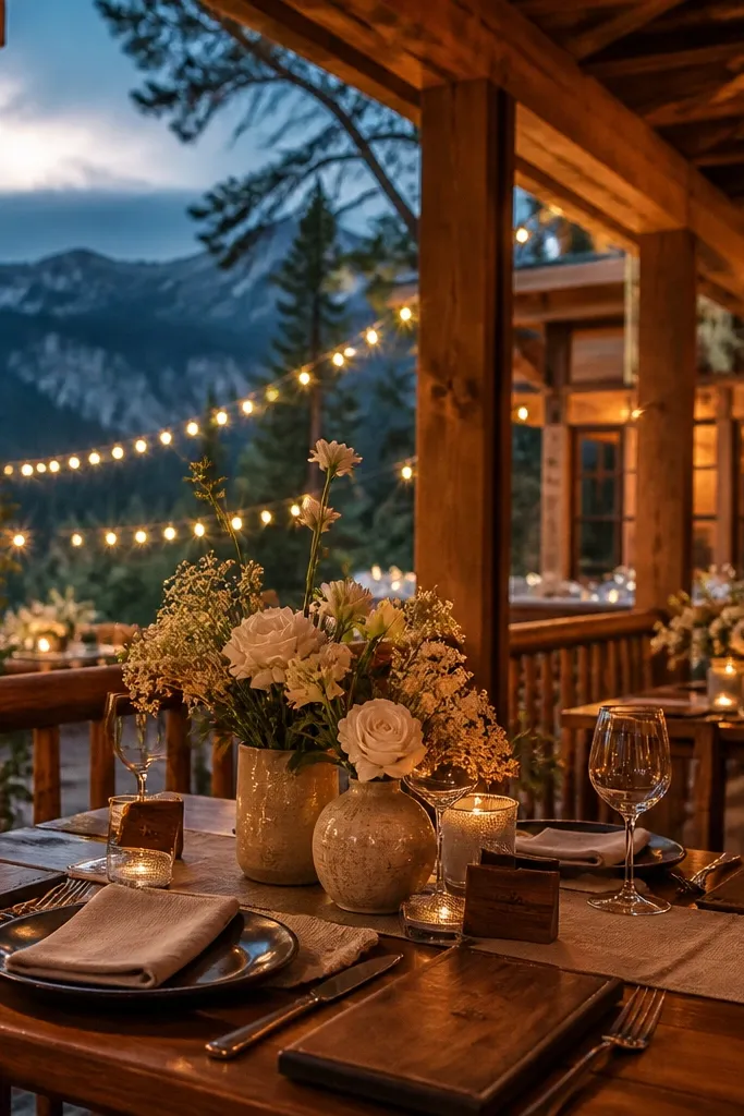 Cedar wood boards with milky white flowers and dark walnut accents