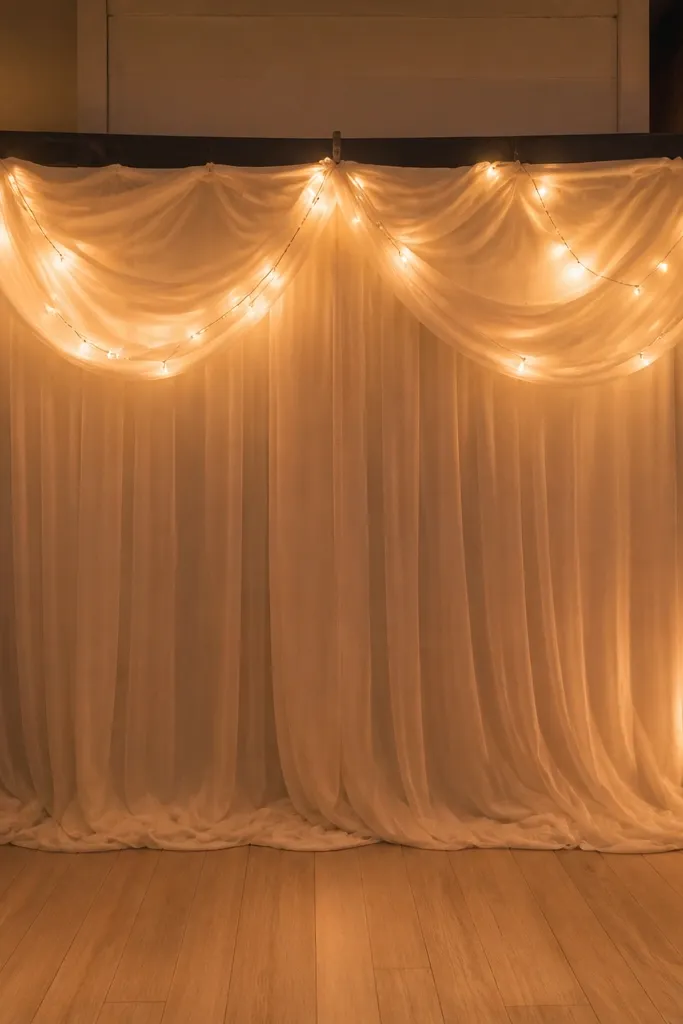 Cream gauze drape behind stage with small warm lights