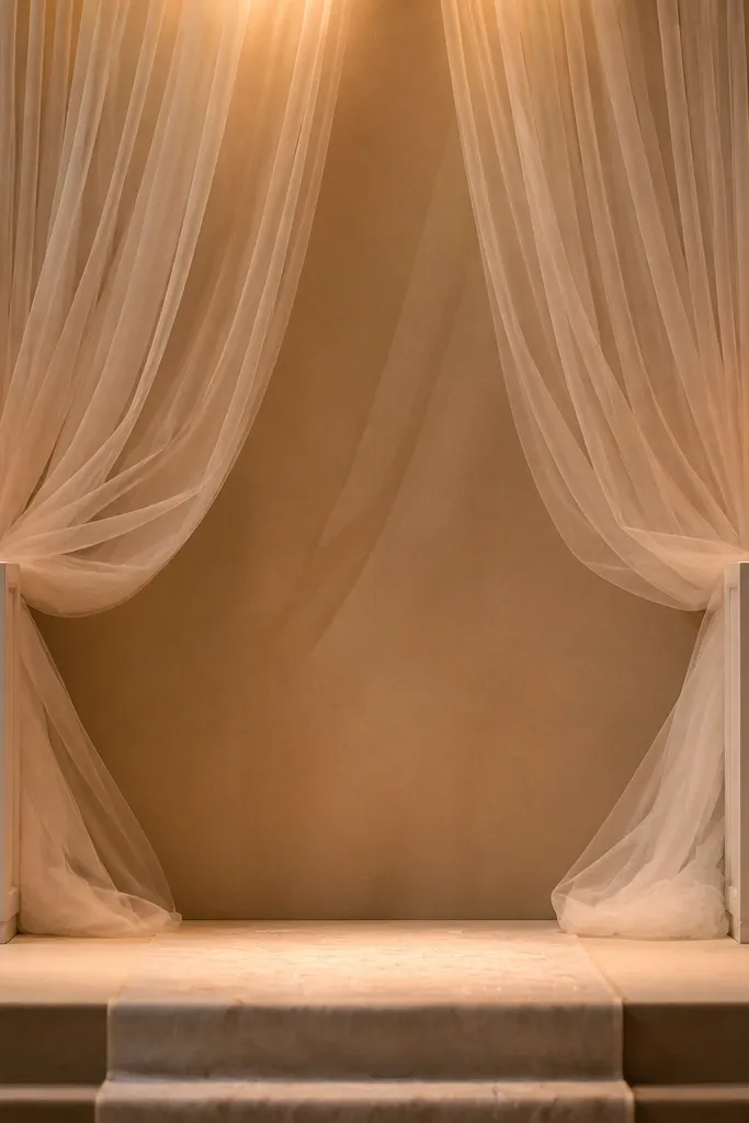 White tulle curtain panels with two tall candle stands on each side