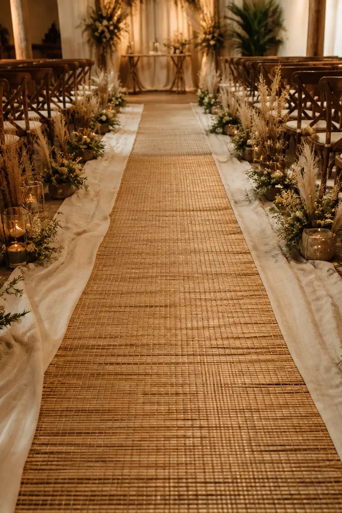 Rattan runner down center with beige linen drapes along stage floor