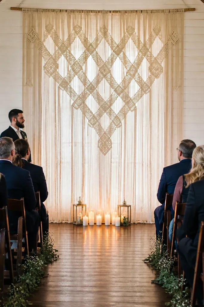 Large macramé wall hanging behind stage with warm lights