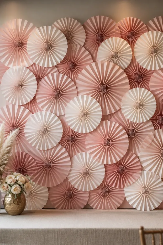 Dusty rose and cream paper fan backdrop behind stage