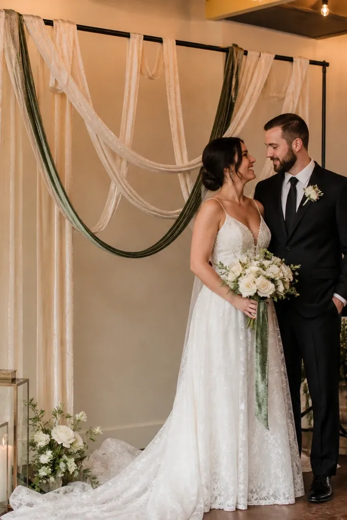 Velvet ribbon garland draped over a simple stand behind stage