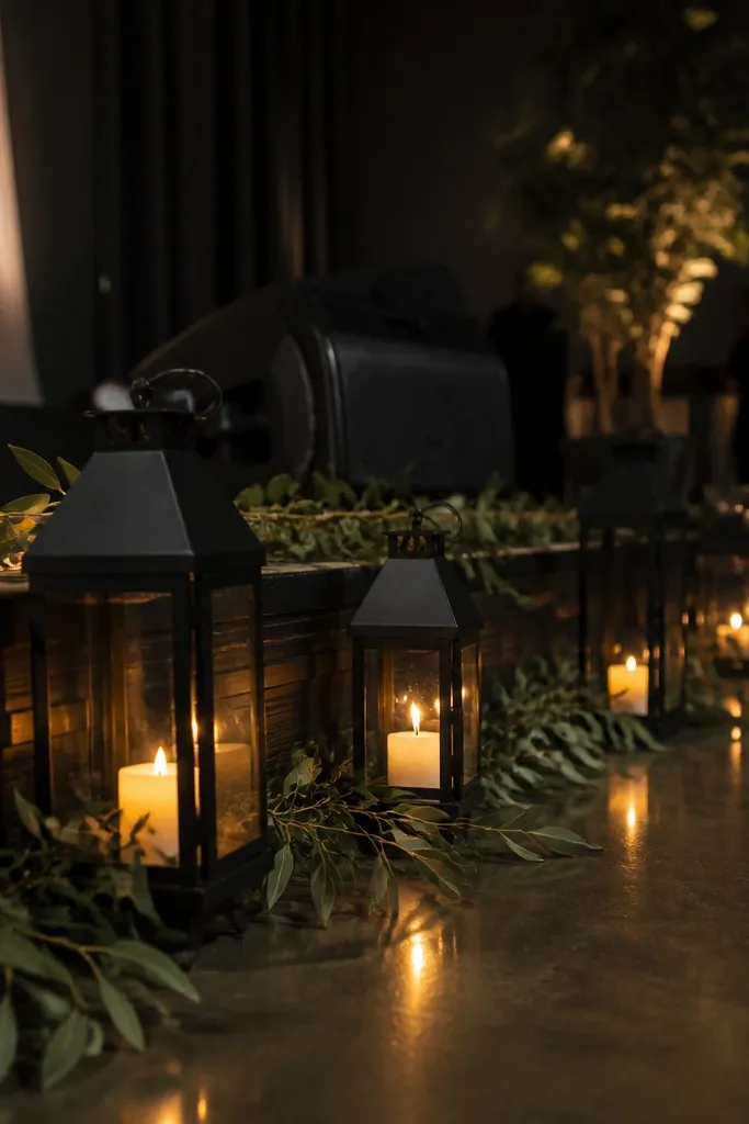 Matte black lanterns grouped with faux greenery around stage edges
