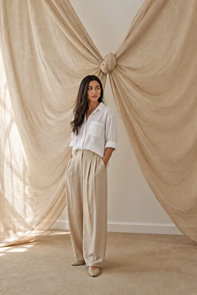 Beige muslin drapes hanging with a knot centered behind stage
