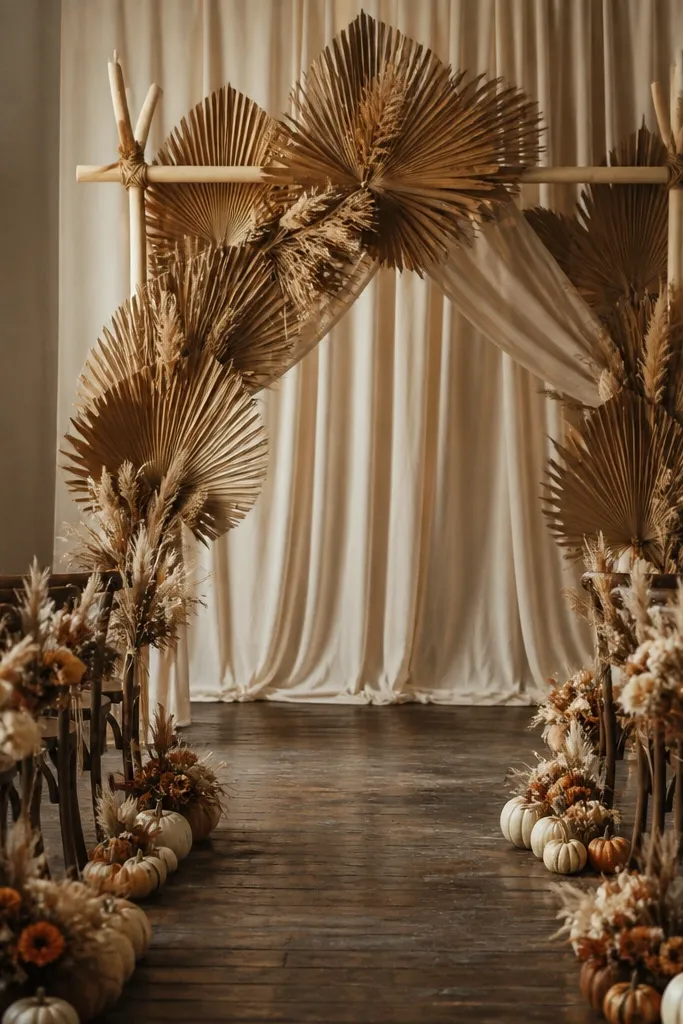 Simple arch frame wrapped with dried palm fronds behind stage