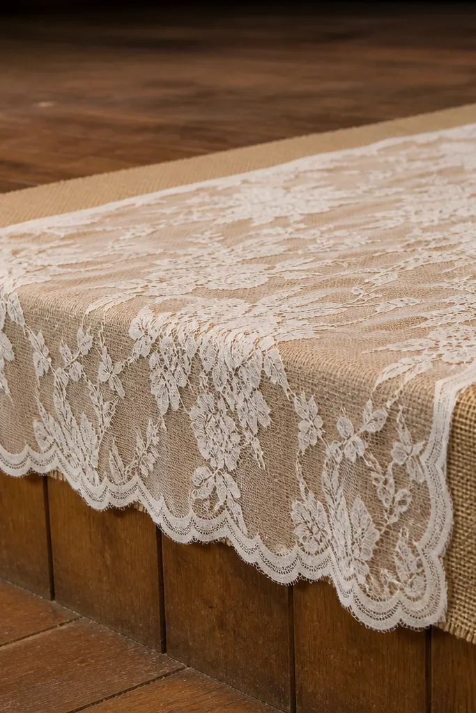 Burlap runner with lace overlay on stage floor
