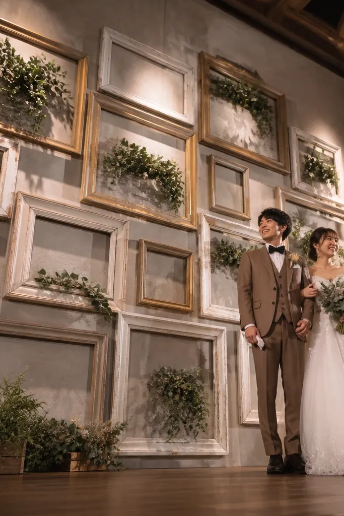 Vintage picture frames arranged in a grid behind stage
