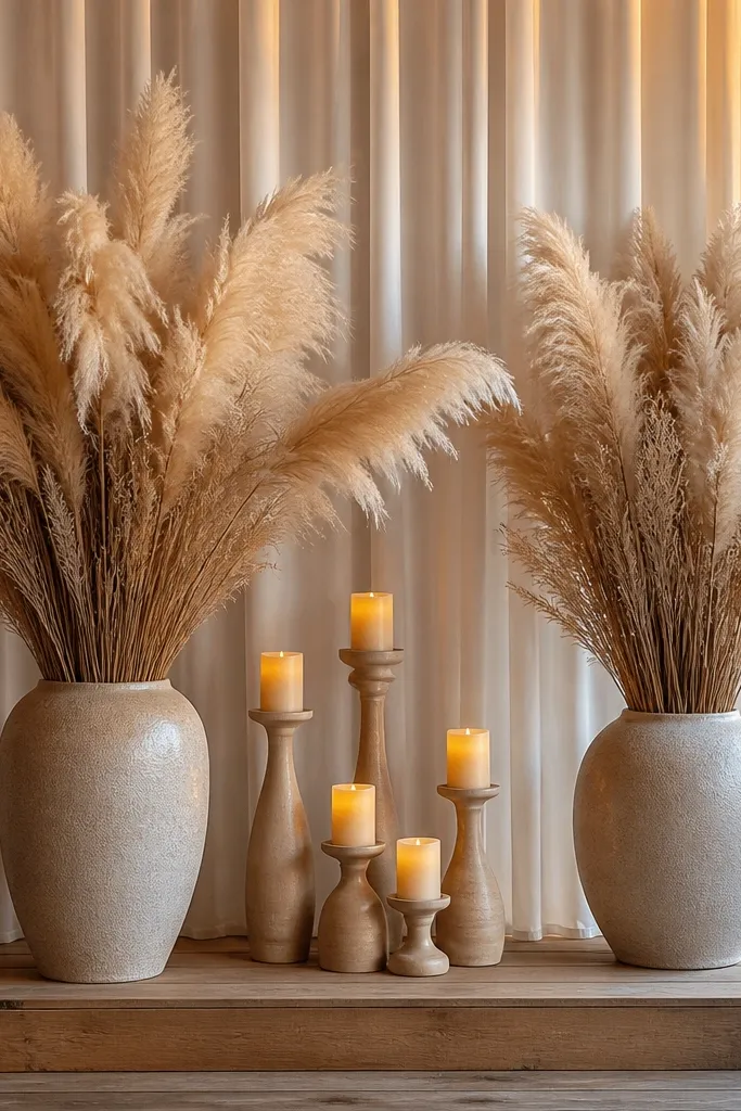 Pampas grass bundles in tall vases with warm LED candles