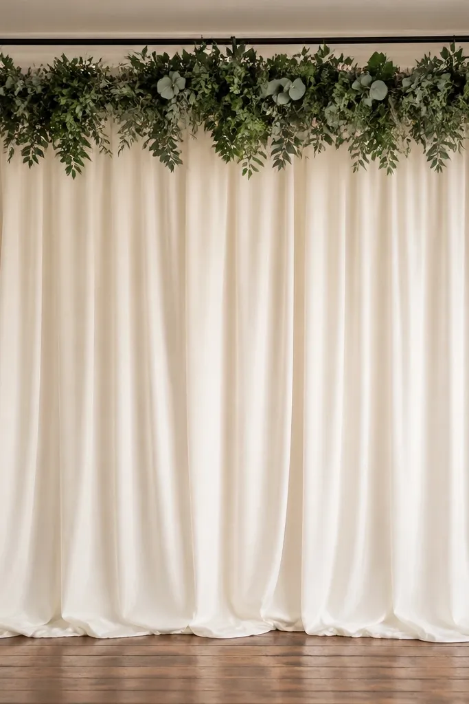 Greenery garland running across top on a tension rod behind stage