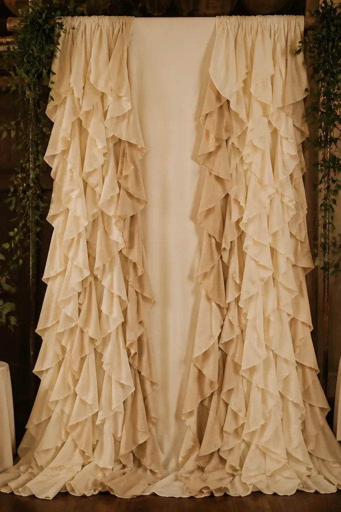 Cream runner backdrop with layered fabric ruffles hanging behind stage