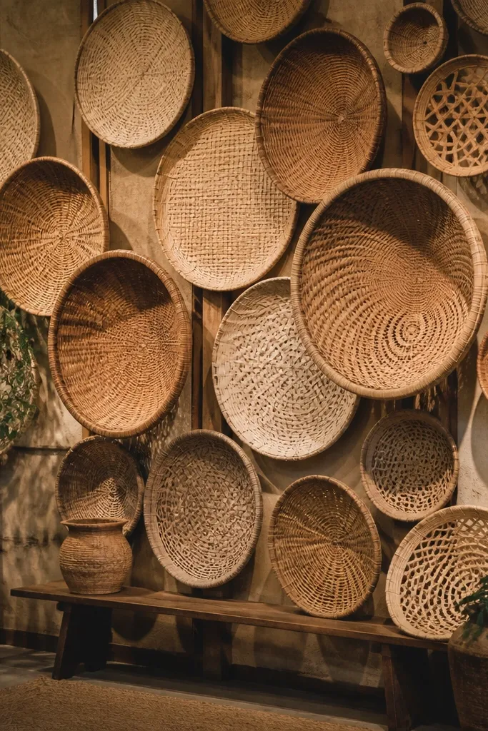Multiple woven baskets arranged as a backdrop behind stage