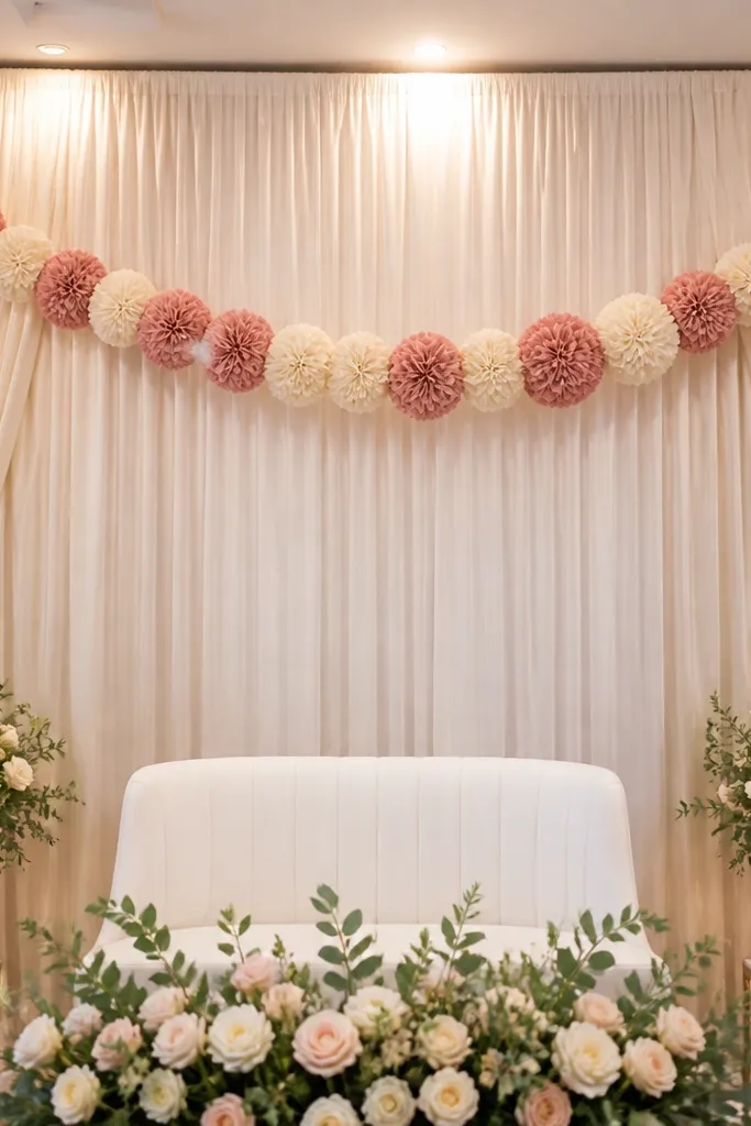 Warm-toned fabric pom garland hanging behind stage