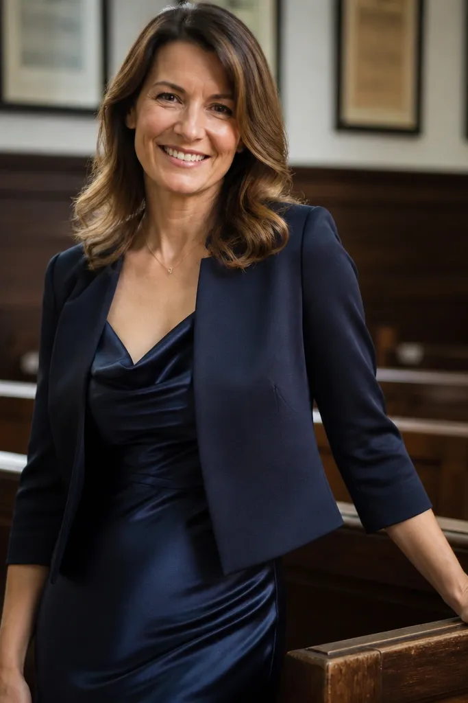 Navy satin slip dress with a short matching jacket